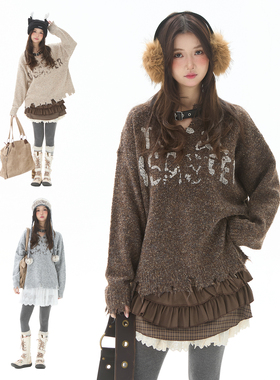 Double L2 美式复古辣妹灰色针织毛衣女秋冬宽松羊毛外套圆领上衣