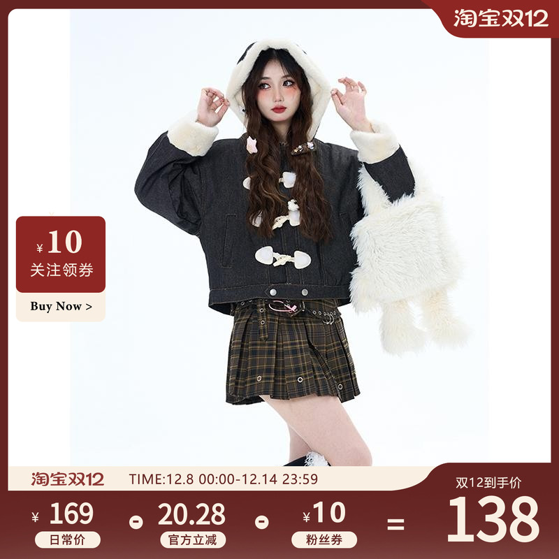 Double L2 复古羊羔毛夹棉牛角扣棉服冬季短款连帽毛绒牛仔外套女