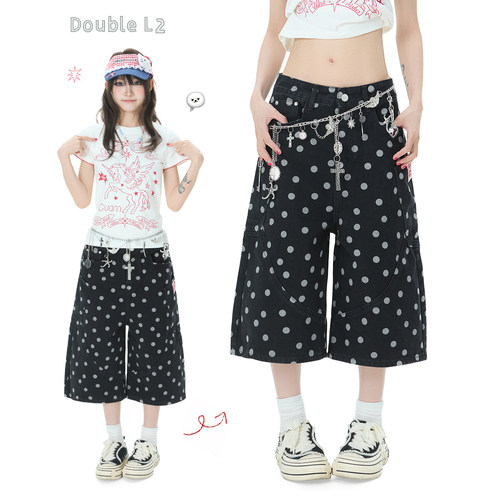 Double L2 复古波点满印牛仔七分裤女夏宽松阔腿裤子白色休闲短裤
