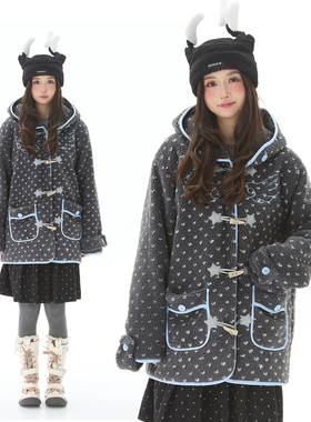 Double L2 碎花牛角扣羊羔毛外套女冬加厚保暖慵懒中长款棉服大衣