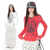 美式 复古华夫格马年印花长袖 Double T恤女修身 休闲打底上衣潮