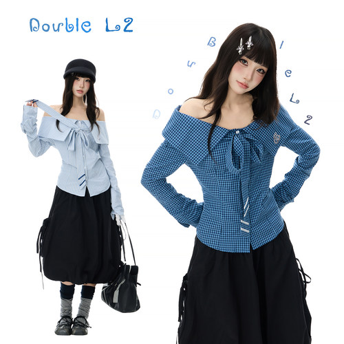 Double L2 韩系蝴蝶结一字领露肩长袖衬衣女新款收腰辣妹衬衫上衣