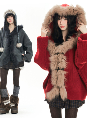 Double L2 座山雕连帽开衫毛衣女慵懒风牛角扣新年红色针织外套潮