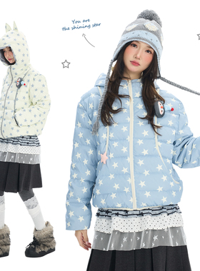 Double L2 美式甜酷连帽白鸭绒羽绒服复古星星满印女冬保暖外套潮