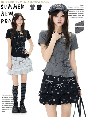 Double L2 美式复古辣妹风亚文化短袖T恤女不规则修身古早系上衣