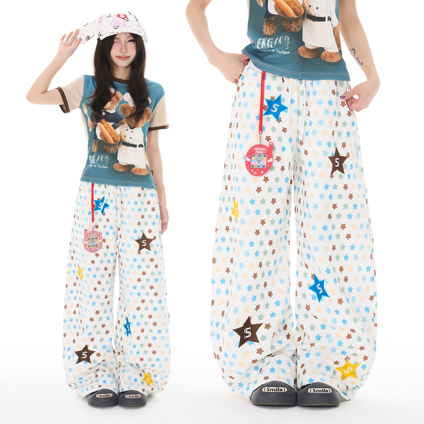 Double L2 美式彩色星星满印刺绣弯刀阔腿裤女宽松显瘦休闲长裤子