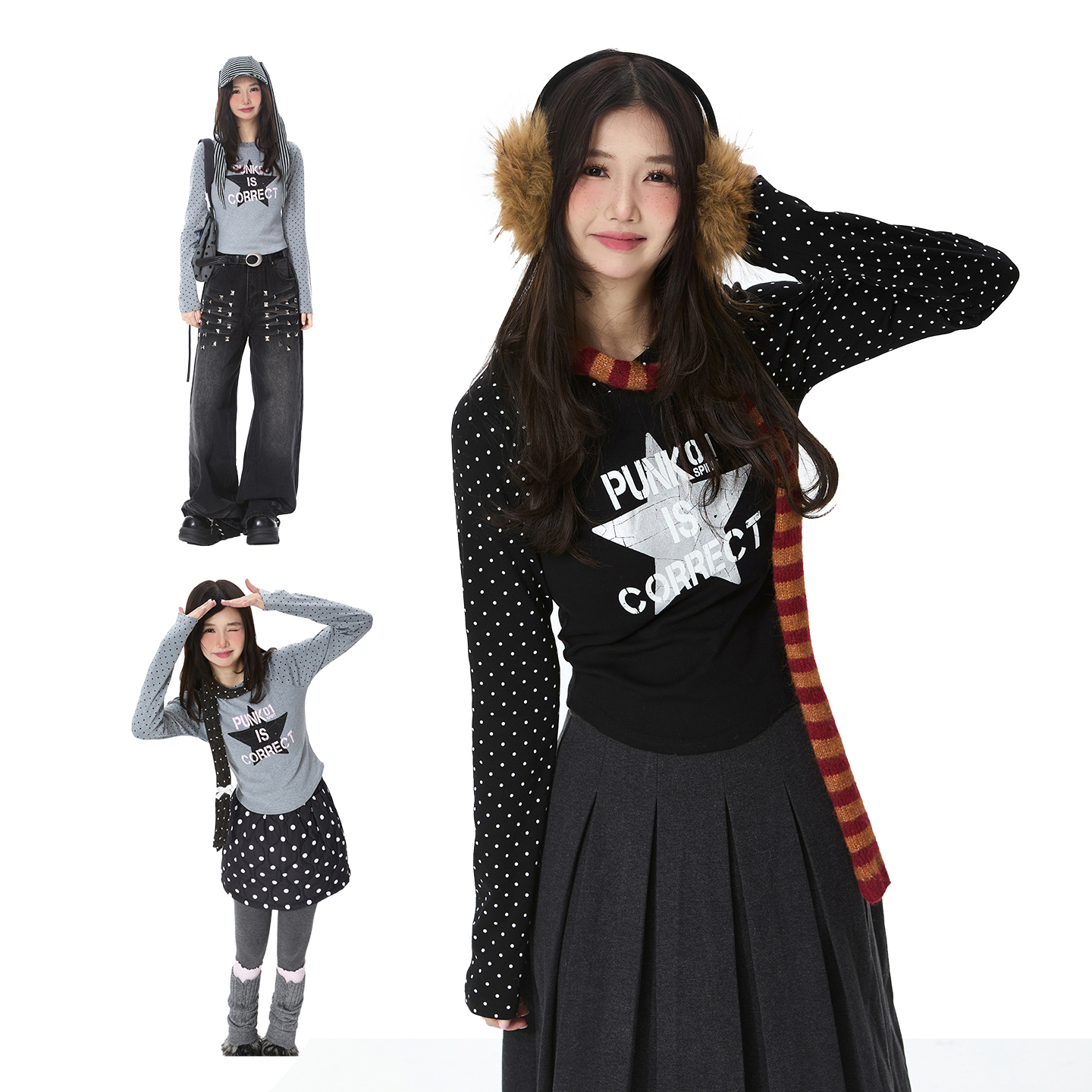 Double L2 美式波点印花星星长袖T恤女辣妹内搭插肩袖打底衫上衣