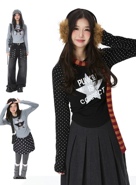 Double L2 美式波点印花星星长袖T恤女辣妹内搭插肩袖打底衫上衣