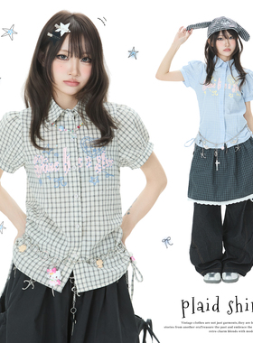 Double L2 韩系蓝色格子衬衫女2026年夏季抽绳显瘦小个子百搭上衣