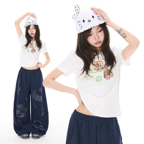 Double L2 星星满印天使正肩短袖T恤女轻亚少女小V领修身短款上衣
