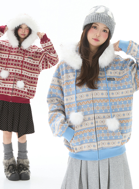 Double L2 费尔岛毛领连帽针织衫女红色圣诞节新年氛围感毛衣外套