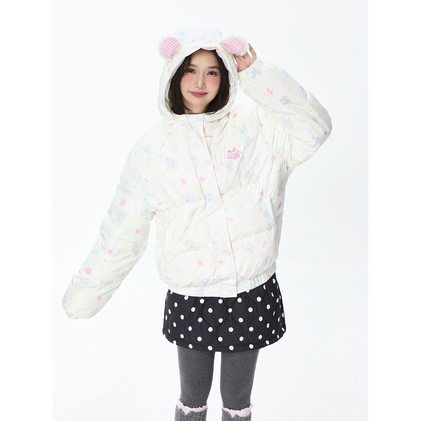 小熊刺绣立领短款轻薄羽绒服女