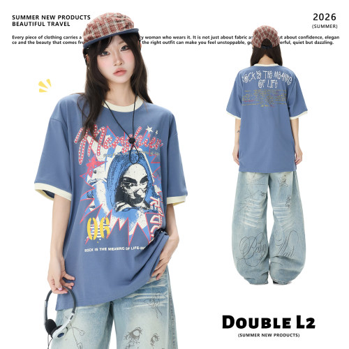 Double L2 美式复古满印烫星星字母短袖T恤女夏季宽松多巴胺上衣