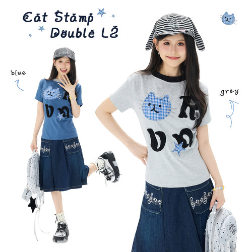 Double L2美式复古小猫贴布圆领短袖T恤女新款小个子短款正肩上衣