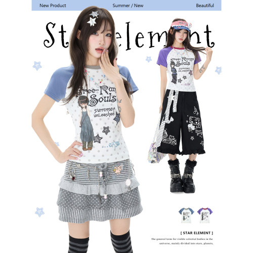 Double L2 卡通少女波点短袖T恤女夏新款撞色插肩袖修身圆领上衣