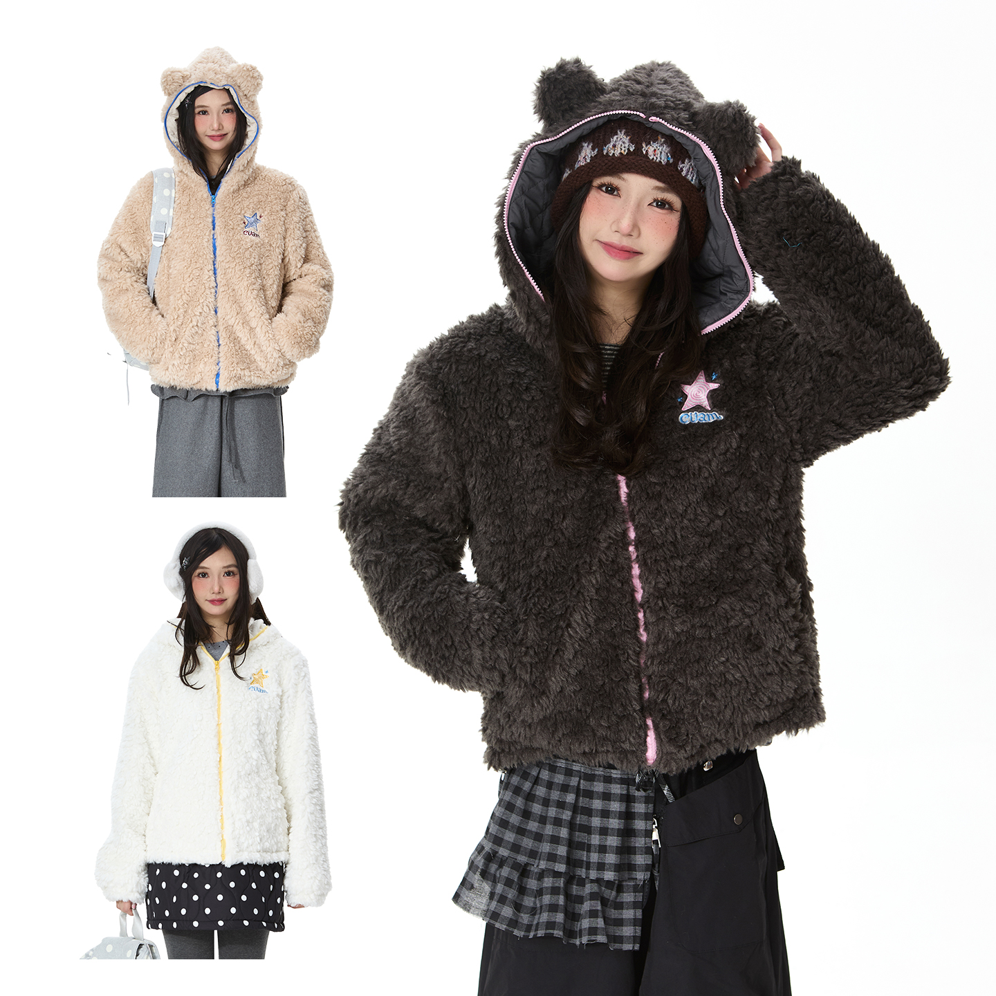 甜酷小熊耳朵羊羔毛连帽外套女