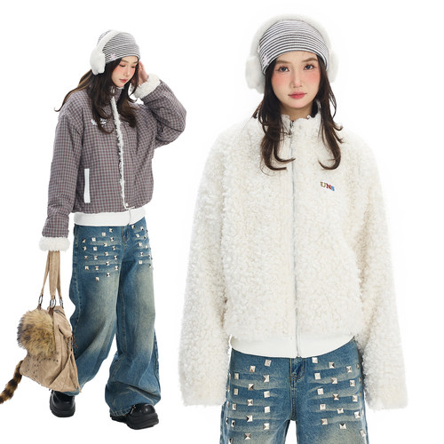 美式复古双面穿格子立领棉服女