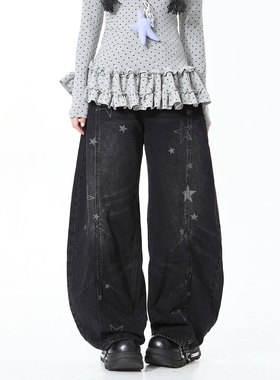 Double L美式复古弯刀牛仔裤星星印花轻亚做旧潮牌宽松拖地阔腿裤