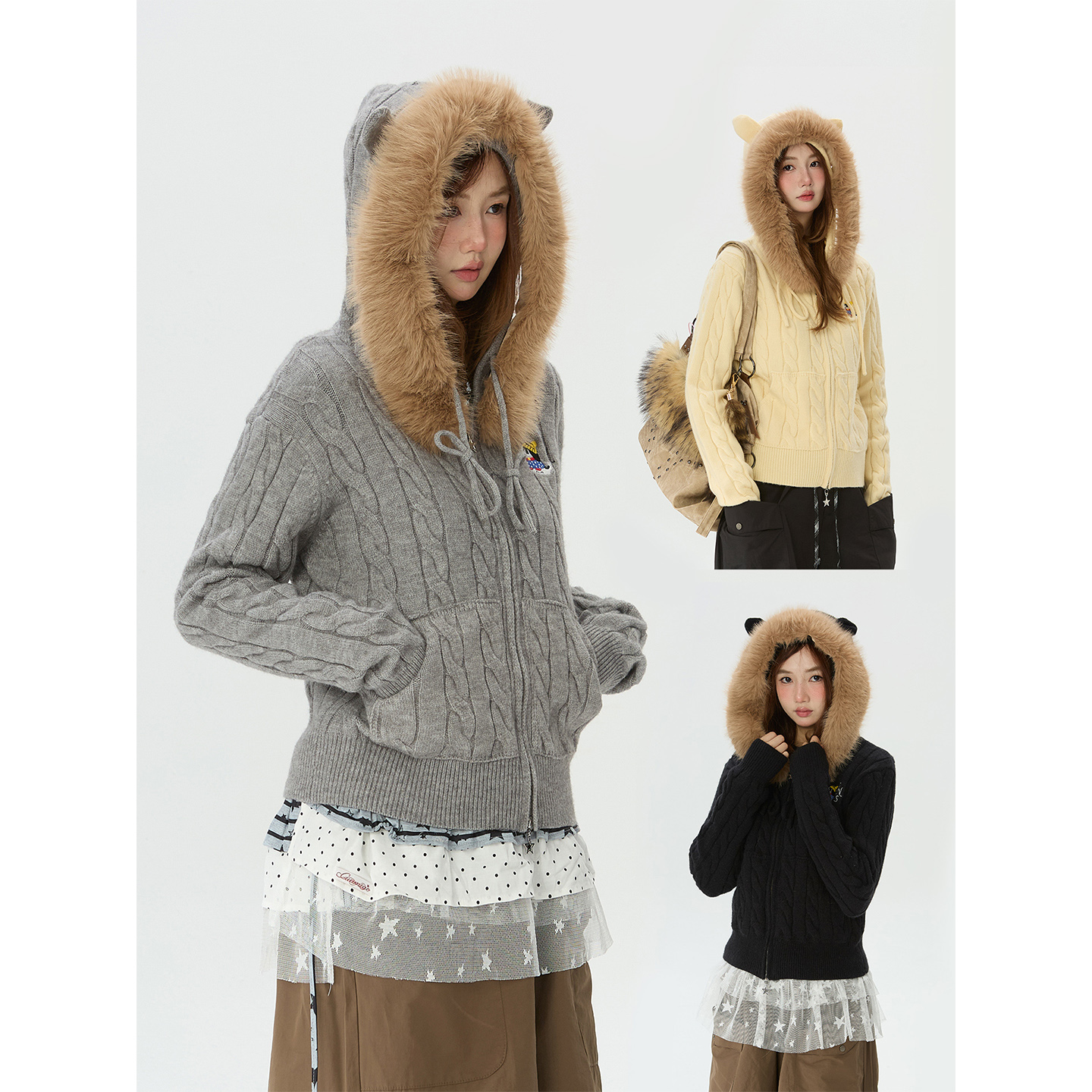 美式复古毛领连帽针织开衫女秋冬