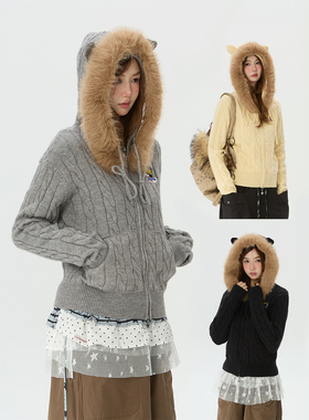 Double L2 美式复古毛领连帽针织开衫女秋冬季宽松慵懒风毛衣外套