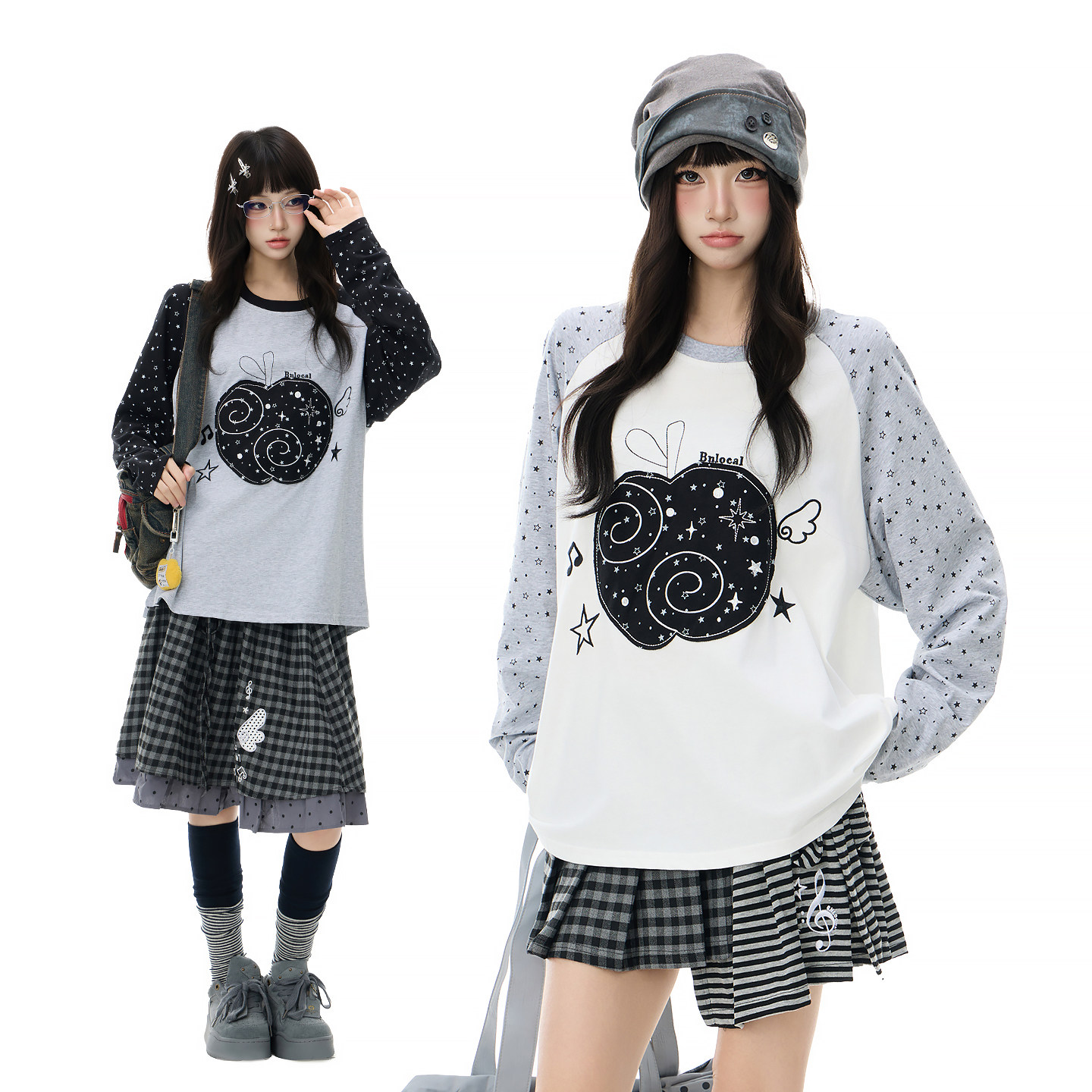 Double L2 轻亚Y2K星星苹果贴布绣插肩长袖T恤女宽松休闲圆领上衣图片