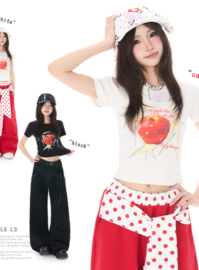 Double L2 美式苹果印花正肩短袖t恤女辣妹短款修身显瘦圆领上衣