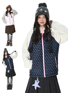 Double L2 撞色波点满印排骨棉服女冬季新款宽松加厚保暖连帽外套