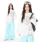 可爱风卡通少女印花长袖 Double T恤女圆领百搭宽松显瘦上衣潮