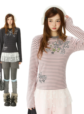 Double L2 轻亚星星条纹蕾丝花边拼接长袖t恤女修身显打底上衣ins