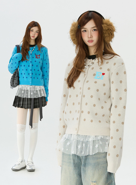 Double L2 美式复古波点开衫蓝色毛衣外套女短款慵懒风针织衫上衣