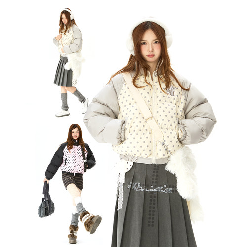 美式撞色波点面包服外套女