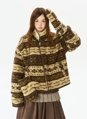 Double L2 复古费尔岛提花外套女2025冬季新款立领设计感保暖上衣