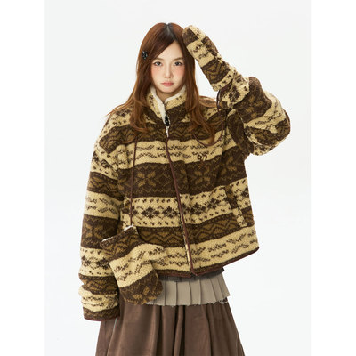 复古费尔岛提花外套女立领