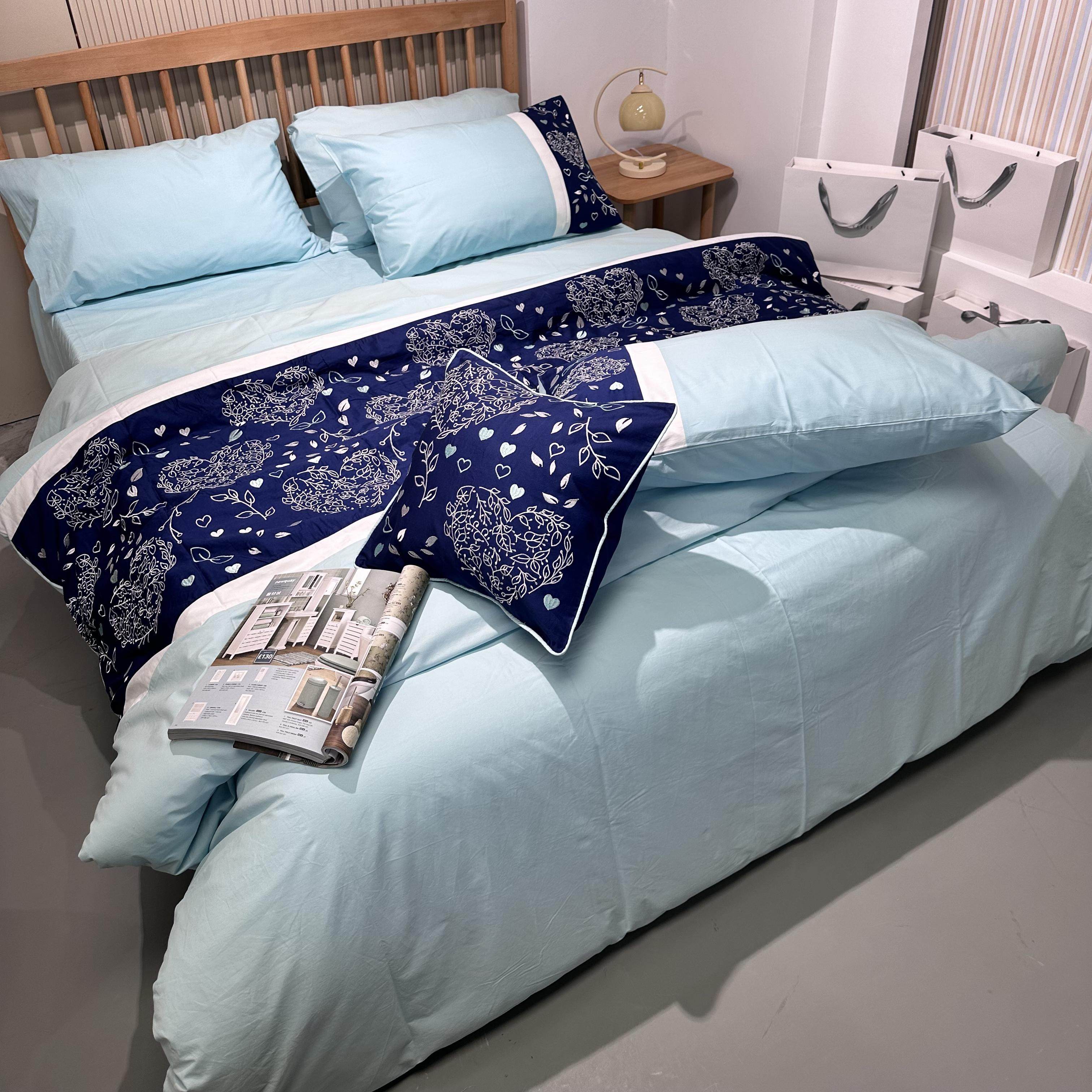 EASY家纺心形树叶刺绣花外贸斜纹纯棉四件套浅蓝深蓝撞色设计