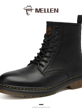 MELLEN名郎马丁靴男英伦风中帮真皮ins新款百搭厚底高帮男鞋皮靴
