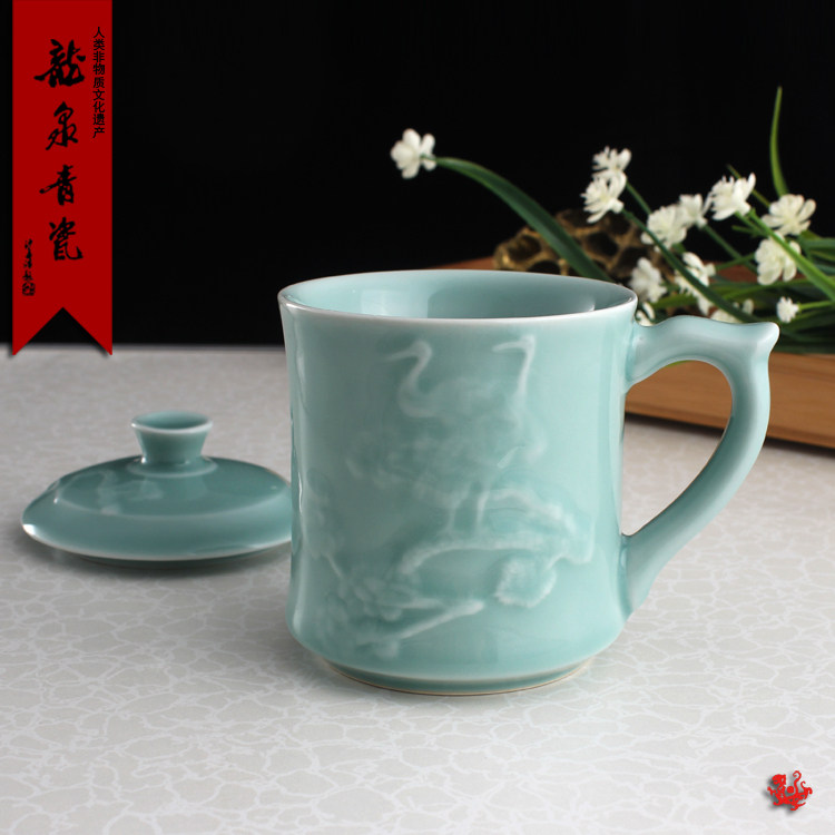 陶瓷老板有柄带盖泡茶家用办公杯