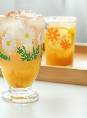 石冢硝子日本进口印花高脚玻璃杯复古小花雏菊礼品牛奶果汁水杯