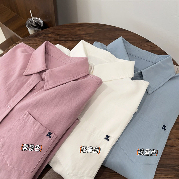 欧洲站纯色韩系口袋刺绣衬衫女休闲百搭撞色刺绣长袖衬衫2026春