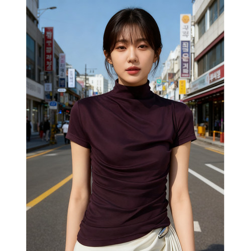 韩国东大门2026春夏新款莱赛尔高定时尚百搭半高领上衣气质T恤女