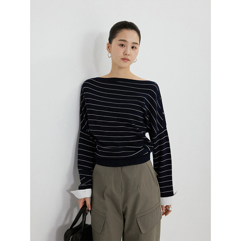 韩国东大门2026新款春日开场白天丝羊毛撞色条纹袖口拼接针织衫女