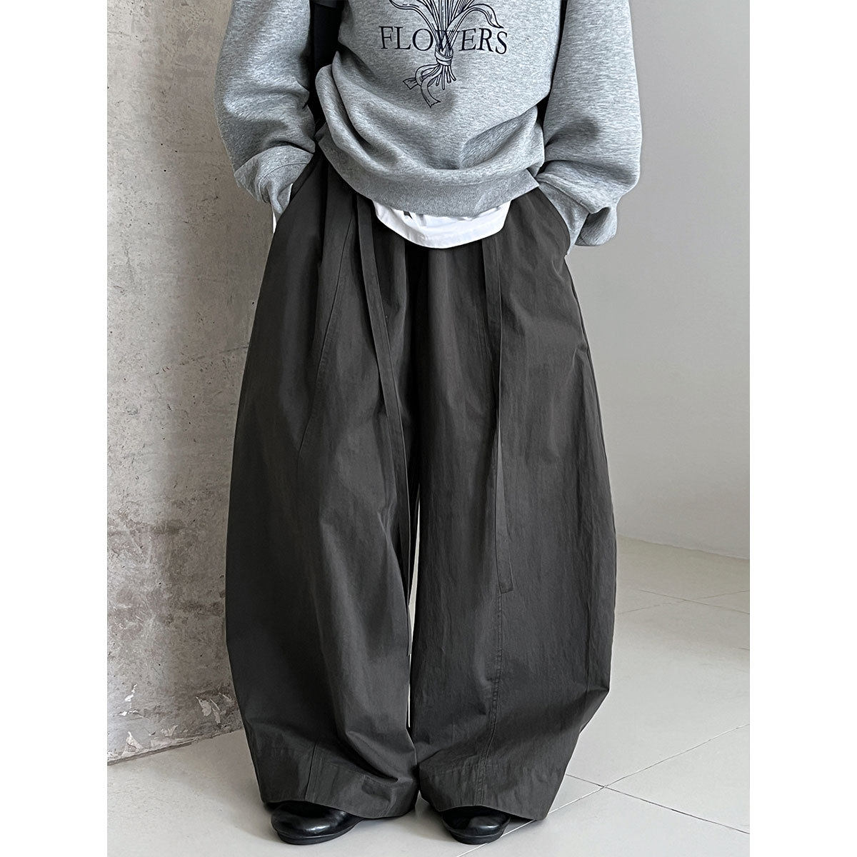 欧洲站26春季新款宽松遮肉弯刀拖地长裤韩系高腰绑带阔腿气球裤女