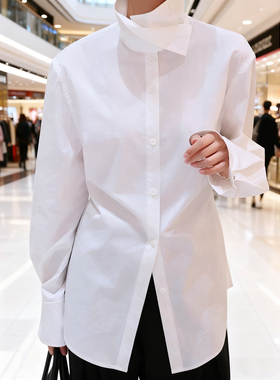 欧洲站2026春季高级感纯白色立领叠穿长袖内搭上衣女百搭通勤衬衫