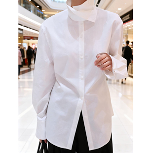 欧洲站2026春季高级感纯白色立领叠穿长袖内搭上衣女百搭通勤衬衫