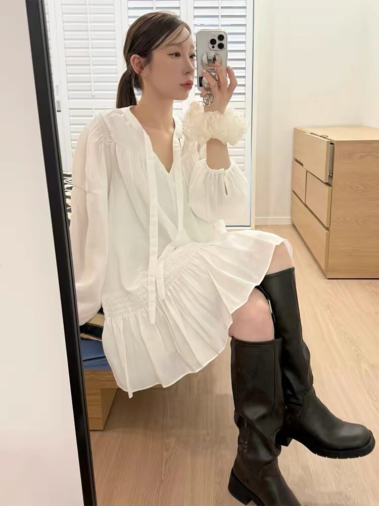 欧洲站温柔风飘带宽松衬衫式连衣裙女26春季款法式气质荷叶边短裙