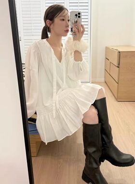 欧洲站温柔风飘带宽松衬衫式连衣裙女26春季款法式气质荷叶边短裙