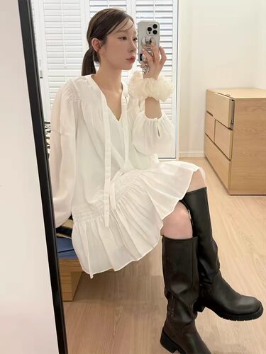 欧洲站温柔风飘带宽松连衣裙女