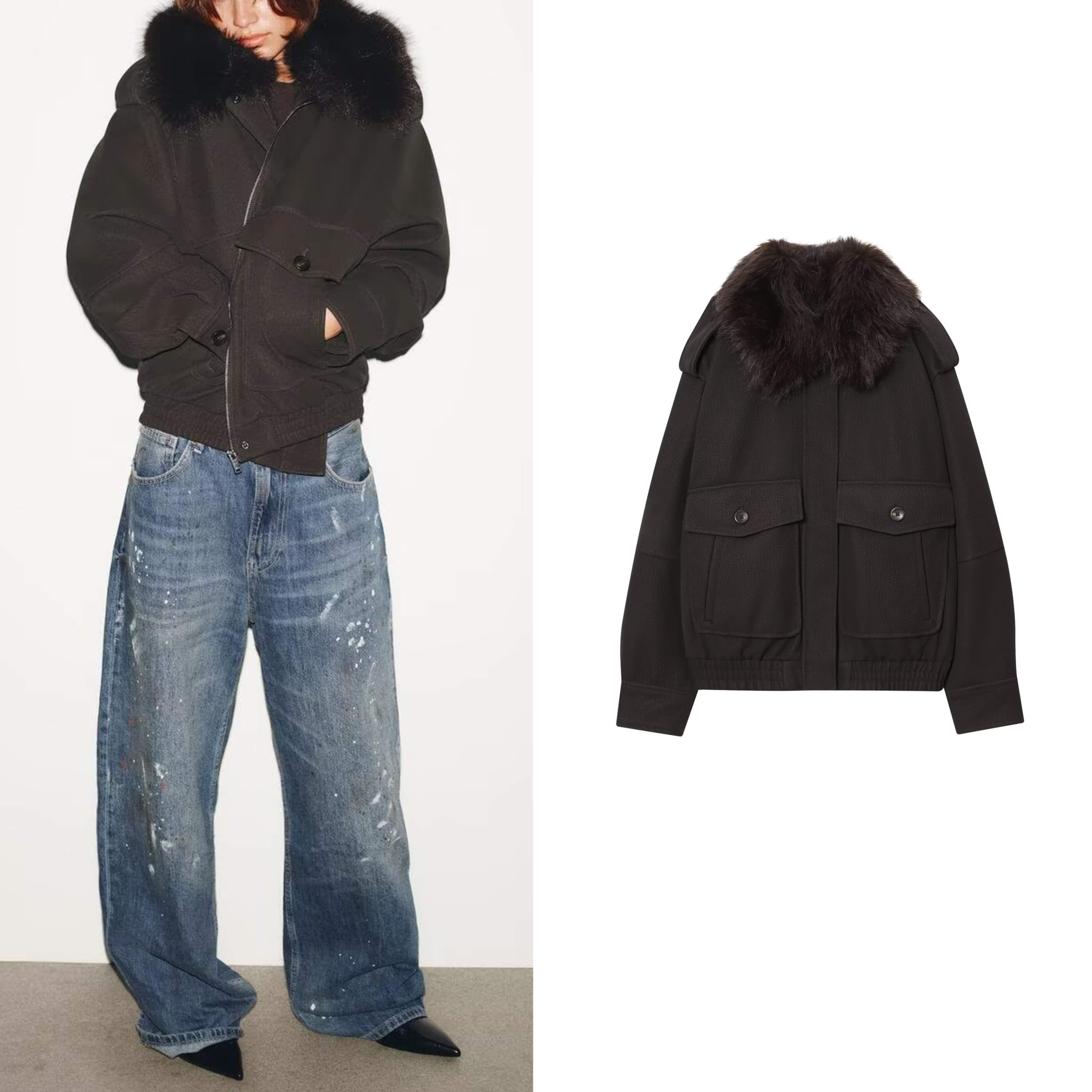 ZA 秋冬新品女装翻盖领长袖反绒皮效果可拆领口夹克外套 4341785