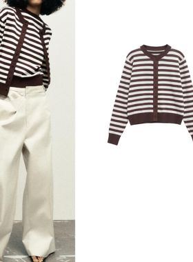 ZA 25秋季新品女装百搭条纹针织圆领长袖圆领长袖短外套5536019
