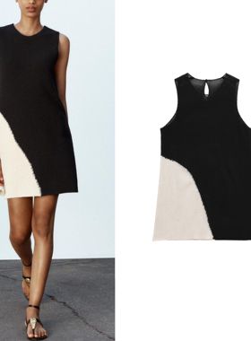 ZA 夏季新款时尚气质百搭圆领无袖拼色针织短款连衣裙 0234008