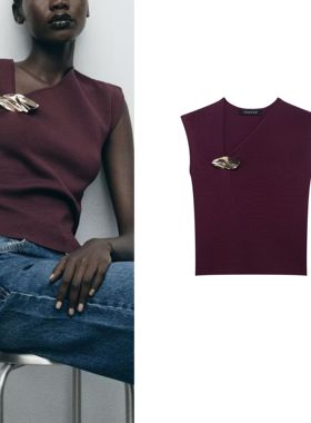 ZA 2025春季新品女装金色镶饰朋克时尚无袖针织背心上衣2142002